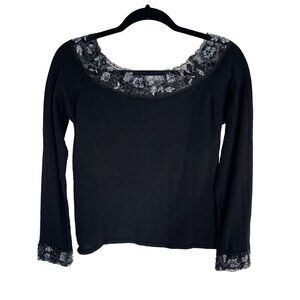 Bette Paige M Black Long Sleeve Top With Lace, Sequins, and Bead Detail